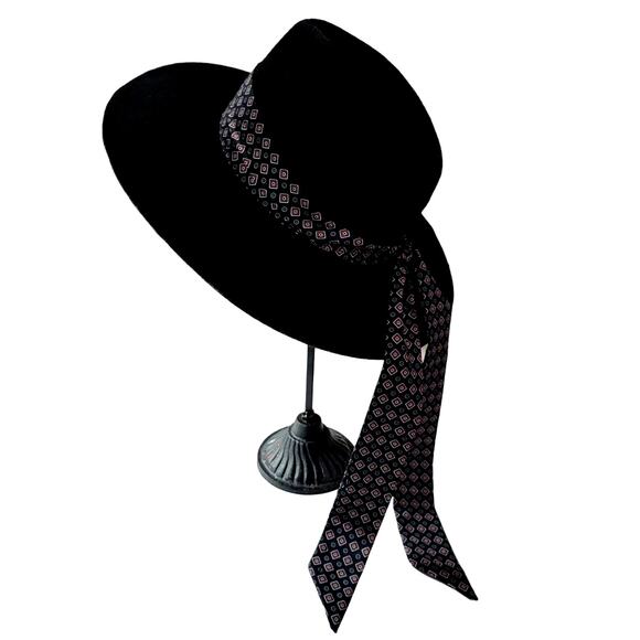 Zara Black Felt Hat with Printed Scarf Size Medium Boho Bohemian - Picture 7 of 10